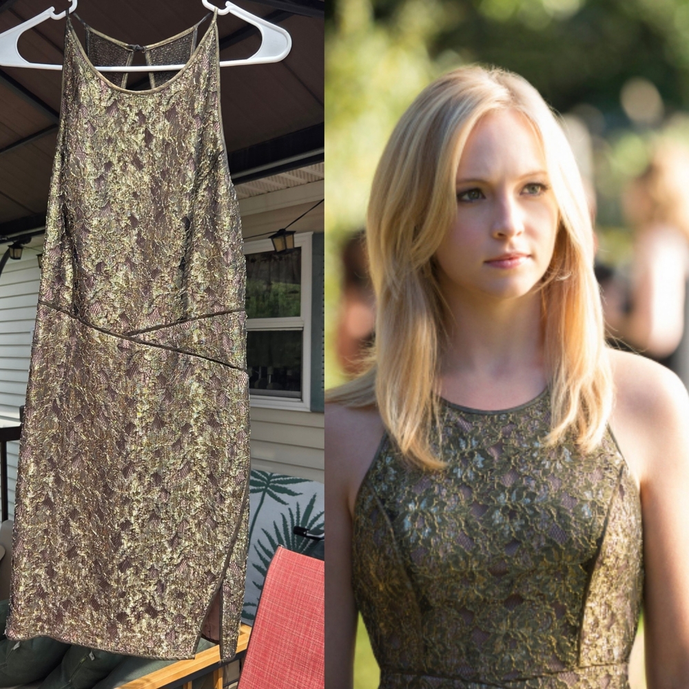 ASO Caroline Forbes In TVD & Felicity Smoak In Arrow || Gold Lace Dress